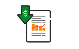An illustration of an energy report with a dollar symbol and a downward arrow representing potential savings.