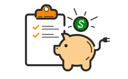 An illustration of a piggy bank, checklist, and dollar symbol representing incentives and savings.