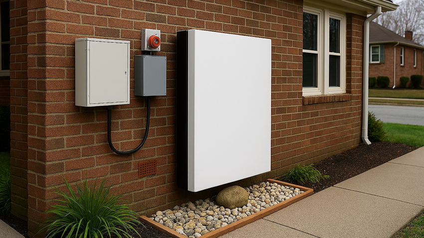 An image of a wall-mounted home battery installed on the exterior of a house.