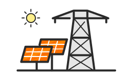 An illustration of solar panels and an electric transmission tower representing cleaner energy and reduced emissions.