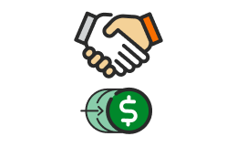An illustration of a handshake and a dollar symbol representing customer rewards.